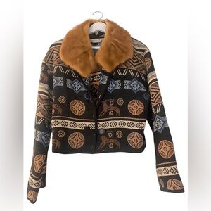 Vintage Tapestry Jacket with Detachable Real Fur Collar